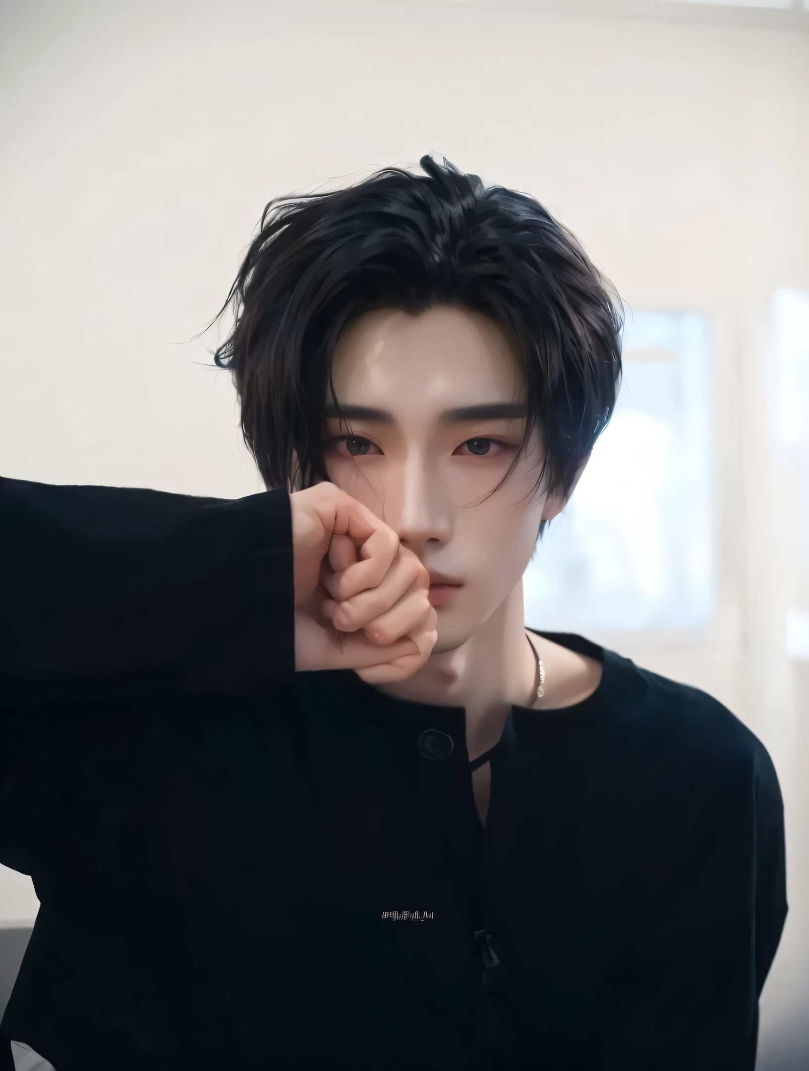 there is a man with a black shirt holding his hand to his face, cai xukun, inspired by Zhang Han, inspired by Yanjun Cheng, handsome anime pose, by Yang J, male ulzzang, realistic anime artstyle, jung jaehyun, realistic. cheng yi, korean artist, yanjun chengt, male anime style