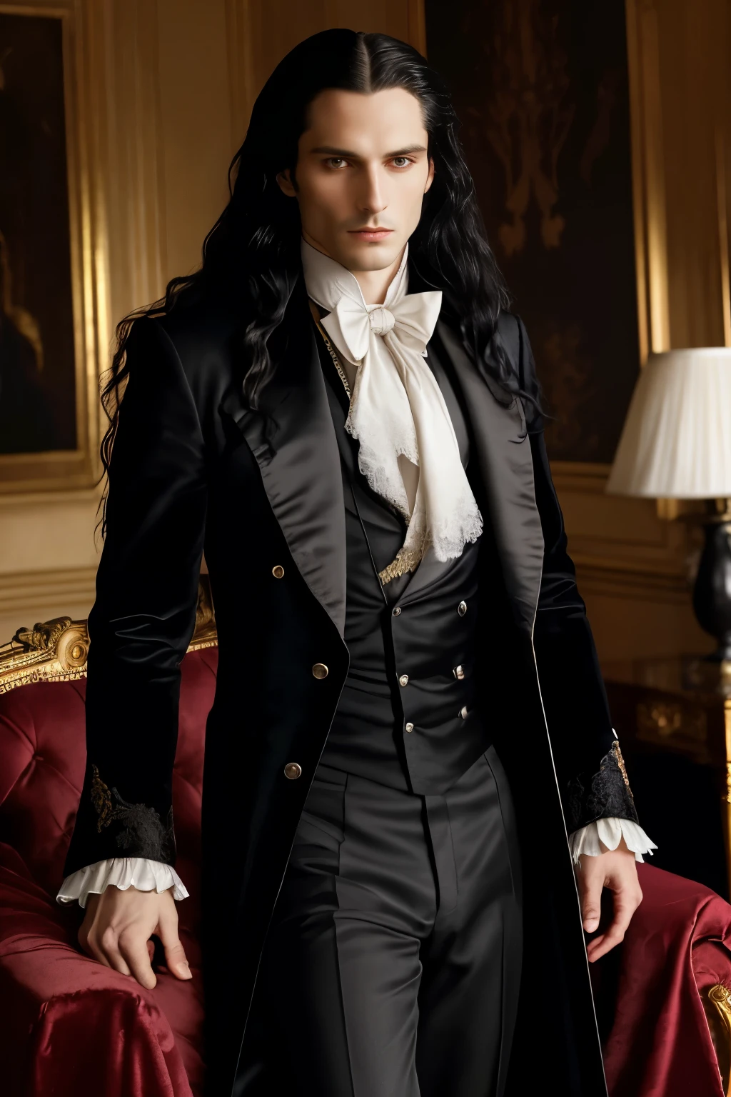 Photo of Lestat de Lioncourt, hyper-realistic, epicrealism, captured in an immaculate portrait. A timeless vampire, with long, wavy black hair cascading down his shoulders, (elongated fangs:1.2), sharp, piercing crimson eyes reflecting ethereal intensity. His skin, masterfully detailed, bearing an otherworldly pallor, adorned with a tailored, elegant black suit. The scene is set in an opulent, dimly lit study, filled with intricate Victorian-era furniture. The background, shrouded in shadows, is encompassed by a blurry whirl of rich, antique tapestries,