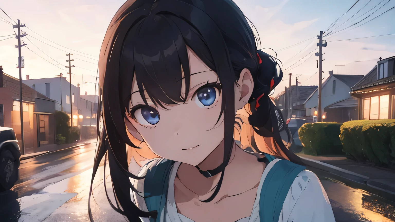 Streets of the city。street。stroll。anime。Cute older sister。night。Blue Moment。Beautiful color sky。anime style。Gentle lines。Upper Body。front。looking at the camera。Show a wonderful view (highest quality, High resolution, Realistic), Vivid colors, Professional Lighting.