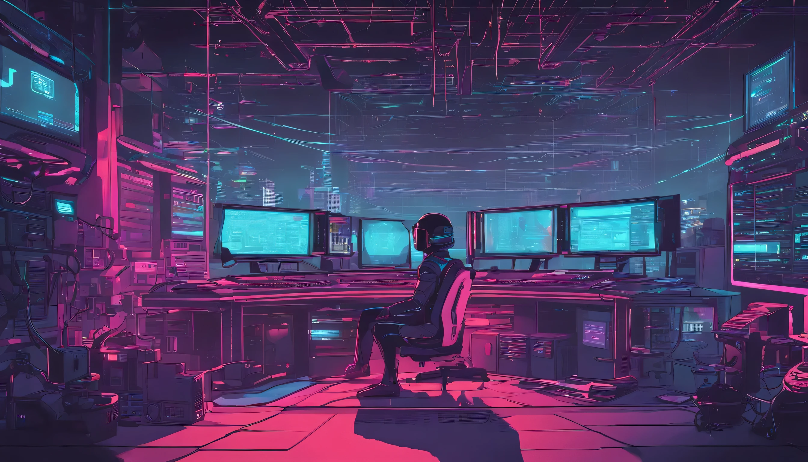 A dimly lit computer lab，Lots of monitors and keyboards, Cyberpunk setting, Cyberpunk Configuration, Network LED Neon Light, Cyberspace, Cyberpunk under neon lights, Network neon lights, In a cyberpunk themed room, Indoor Cyberpunk, Gaming screen on metal table, Network Aesthetics, Cybernetic style, Sci-fi computer, Network Background, Network Installation, consoles and computers，The drone hovers overhead，Cartoon character wearing VR glasses，paper