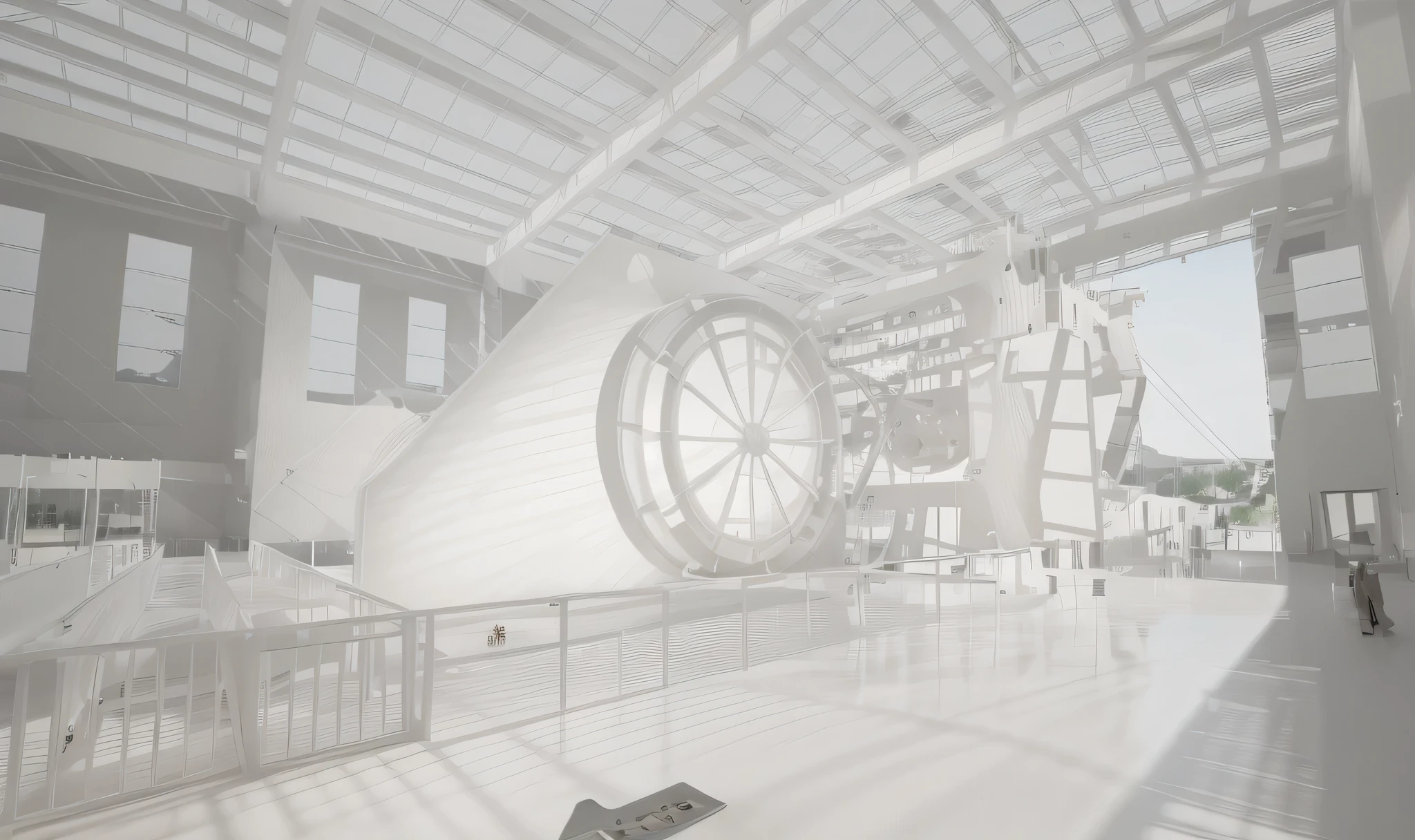 3D renderings,Interior design,Industrial Park Exhibition Hall,Huge mechanical wheel,Installation art,transparent acrylic,Exquisite craftsmanship,Exquisite details,transparent,photography,Movie Lighting,Photo-realistic,Photo-realistic,8K,Best quality,high resolution