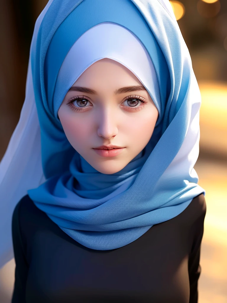 best quality, masterpiece, highres, Muslim female dress, necklace, Beautiful face, (upon body from head to waist:1.37), tyndall effect, photorealistic, dark studio, rim lighting, two tone lighting, 8k uhd, dslr, soft lighting, high quality, volumetric lighting, candid, Photograph, high resolution, 4k, 8k, Bokeh, (hyperrealistic girl), (illustration), (high resolution), (extremely detailed), (best illustration), (beautiful detailed eyes), (best quality), (ultra-detailed), (masterpiece), (wallpaper), (photorealistic), (natural light), (rim lighting), (detailed face), (high detailed realistic skin texture), (anatomically correct), (solo), (1 woman), (heterochromic eyes), (detailed eyes), (sparkling eyes), (long legs), (big breasts), (dynamic pose), (concentrated expression), (wearing hijab:1.4), moslem headscarf.