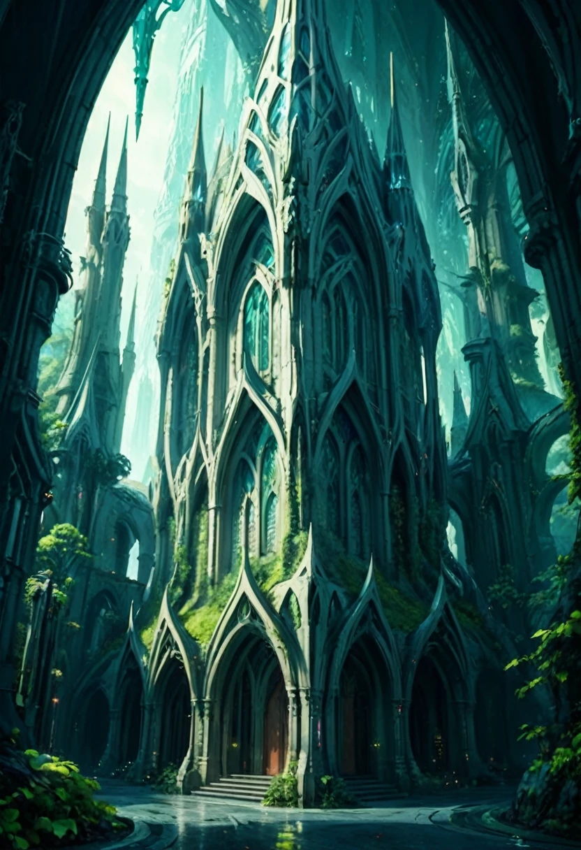 elvish architecture, cyberpunk, anime style, elven, slim, 