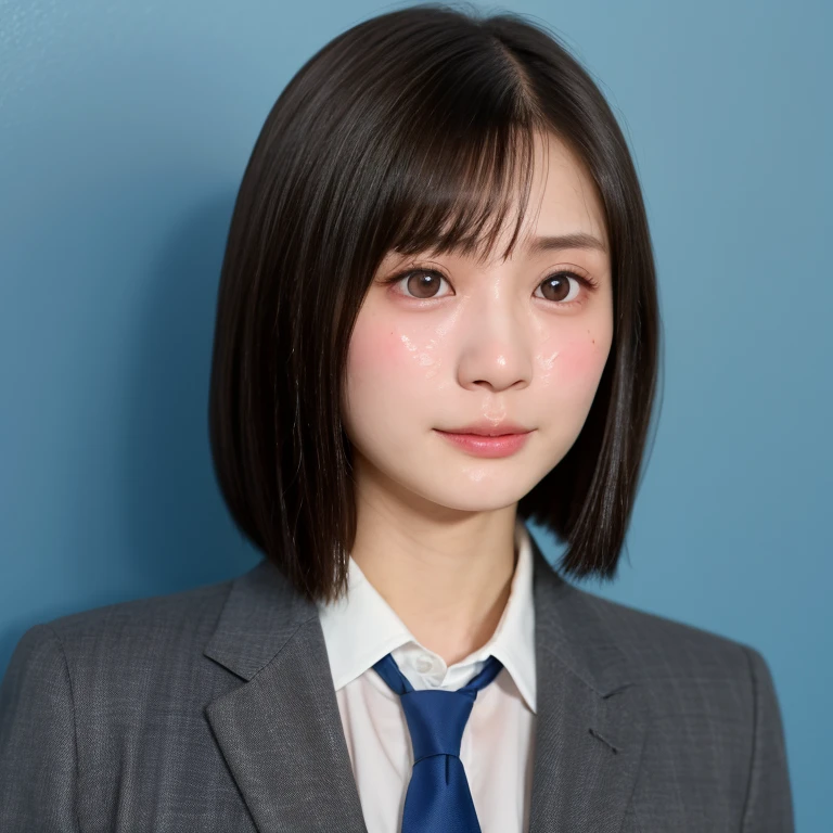 NSFW, (kawaii 24 year-old Japanese girl, Nogizaka idol, Korean idol), (glossy hair, very short hair, bangs:1.3), (beautiful black eyes, rounded face, single eyelid, no makeup:1.4), (embarrassed, noseblush, empty eyes:1.5), (cum to face, semen flowing on face, bukkake:1.5), (wearing suit jacket, collared shirt, necktie:1.3), (extra small breasts:0.9), BREAK, (simple blue background:1.3), (view from forward, bust shot:1.3), BREAK, (masterpiece, best quality, photo realistic, official art:1.4), (UHD, 8K quality wallpaper, high resolution, raw photo, golden ratio:1.3), (shiny skin), professional lighting, physically based rendering, award winning, (highly detailed skin, extremely detailed face and eyes), Carl Zeiss 85 mm F/1.4, depth of field, (1girl, solo:1.3),
