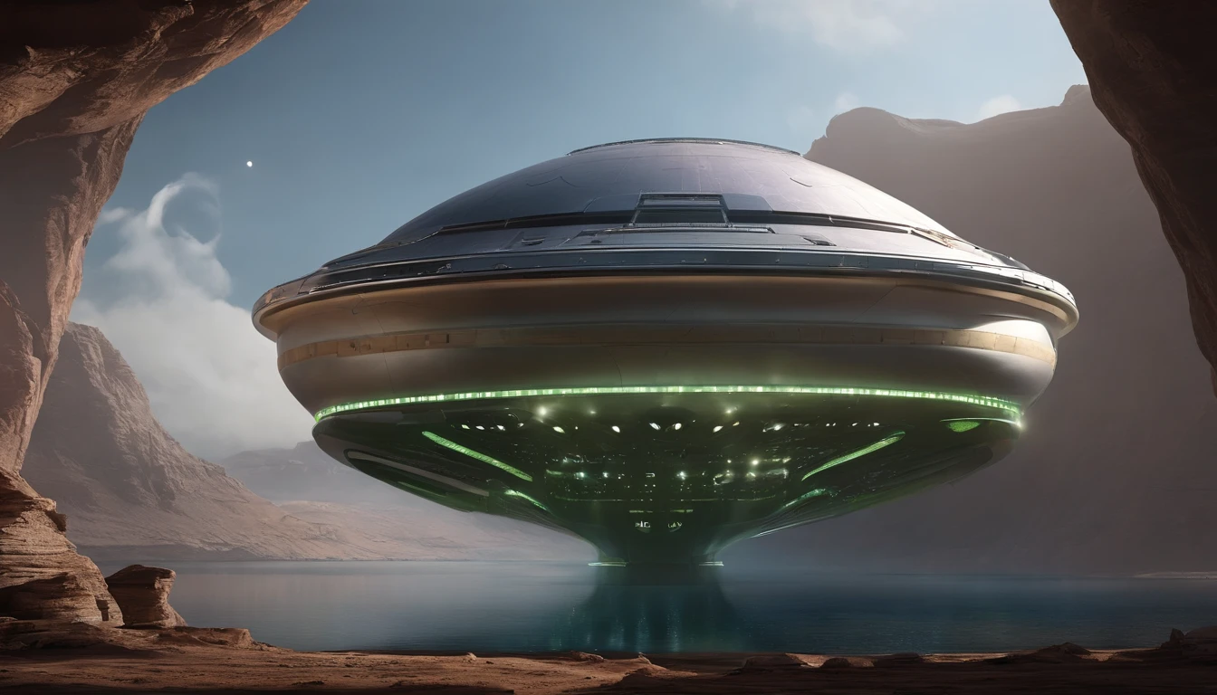 A captivating futuristic concept art piece featuring a colossal starship with an innovative design, reminiscent of a closed figure of infinity with a $ crosswise hybrid. The ship, measuring an impressive 108' in length, soars gracefully past a breathtaking Titan-like planet adorned with 12 enchanting moons. The backdrop is a mesmerizing star-filled expanse, adding to the otherworldly atmosphere. The ship's two 24' diameter nacelles, positioned at 45° and 48' above the vessel, emit radian lime green light from their centers. The elliptical shaped upper section stretches 24' high, 144' long, and 96' wide, angled at 75° from the main body. The ship's striking color palette of steel violet, 3d render, portrait photography, cinematic
