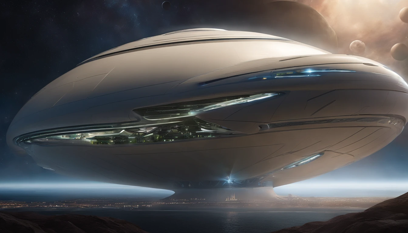 A captivating futuristic concept art piece featuring a colossal starship with an innovative design, reminiscent of a closed figure of infinity with a $ crosswise hybrid. The ship, measuring an impressive 108' in length, soars gracefully past a breathtaking Titan-like planet adorned with 12 enchanting moons. The backdrop is a mesmerizing star-filled expanse, adding to the otherworldly atmosphere. The ship's two 24' diameter nacelles, positioned at 45° and 48' above the vessel, emit radian lime green light from their centers. The elliptical shaped upper section stretches 24' high, 144' long, and 96' wide, angled at 75° from the main body. The ship's striking color palette of steel violet, 3d render, portrait photography, cinematic