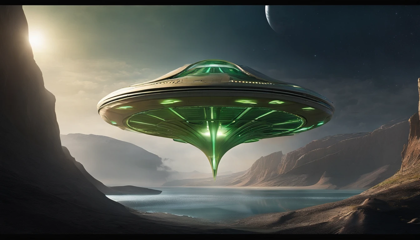 A captivating futuristic concept art piece featuring a colossal starship with an innovative design, reminiscent of a closed figure of infinity with a $ crosswise hybrid. The ship, measuring an impressive 108' in length, soars gracefully past a breathtaking Titan-like planet adorned with 12 enchanting moons. The backdrop is a mesmerizing star-filled expanse, adding to the otherworldly atmosphere. The ship's two 24' diameter nacelles, positioned at 45° and 48' above the vessel, emit radian lime green light from their centers. The elliptical shaped upper section stretches 24' high, 144' long, and 96' wide, angled at 75° from the main body. The ship's striking color palette of steel violet, 3d render, portrait photography, cinematic