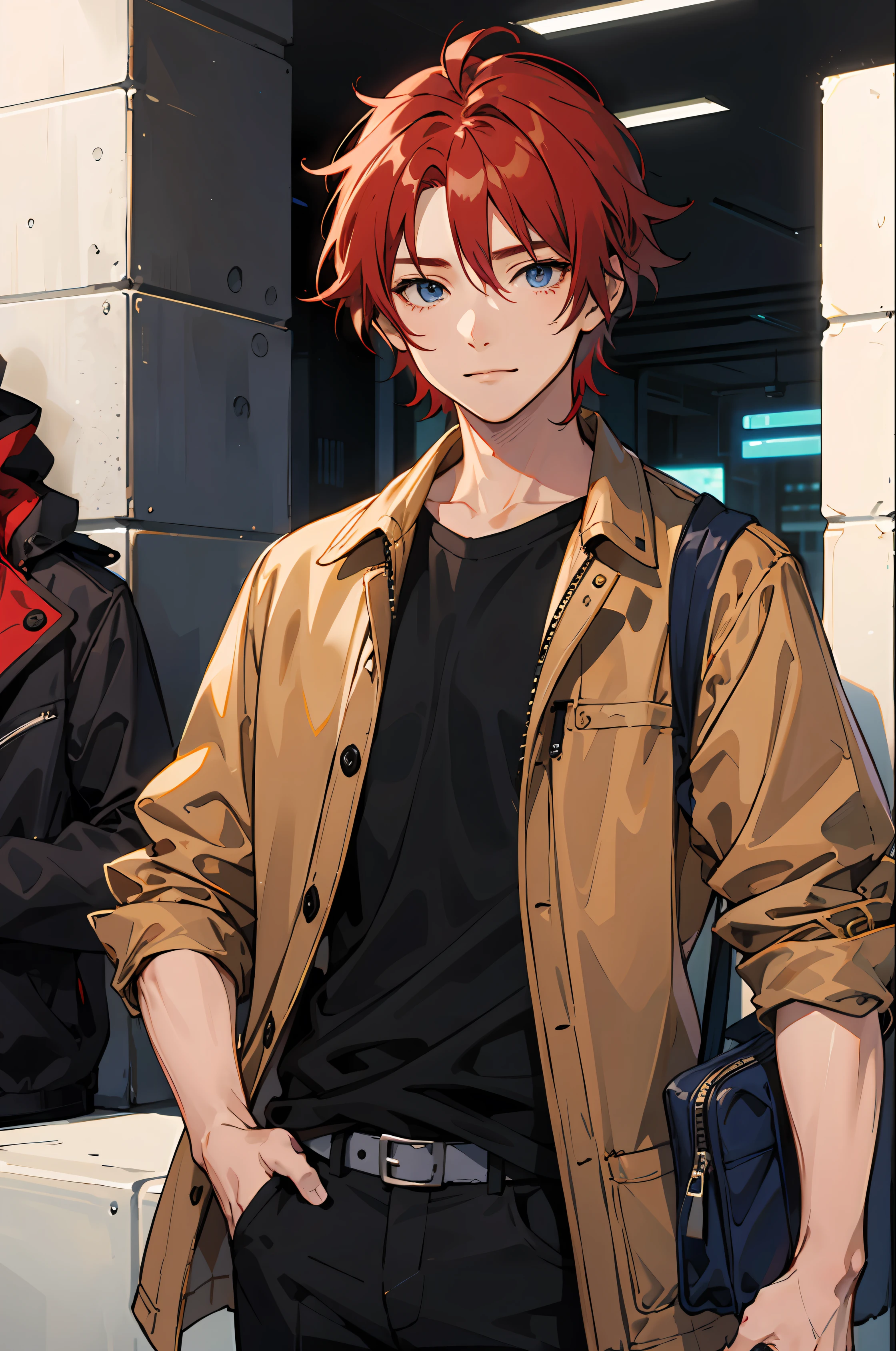 Anime boy red hair and short cheerful look black shirt and brown jacket