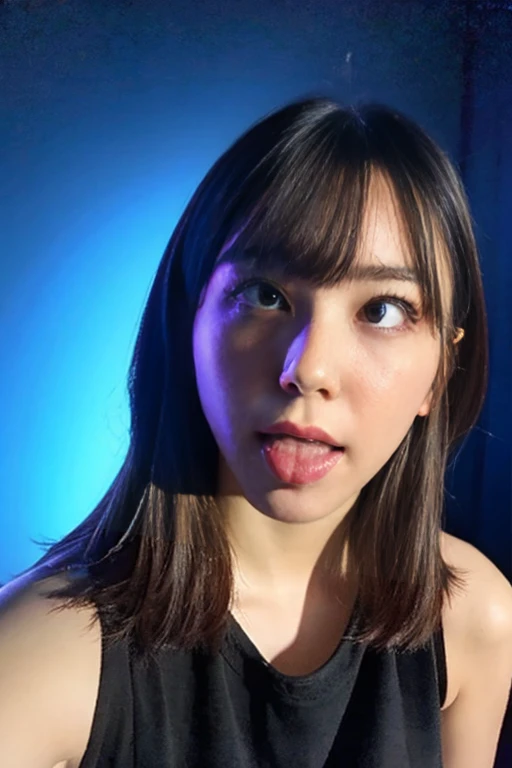 (ultra realistic),Photo, high quality, Analog Photography Ahegao , (low lighting), (neon atmosphere) light background ,portrait of a girl, Ahegao,chölka, view from above, detailed eyes,brown Hair