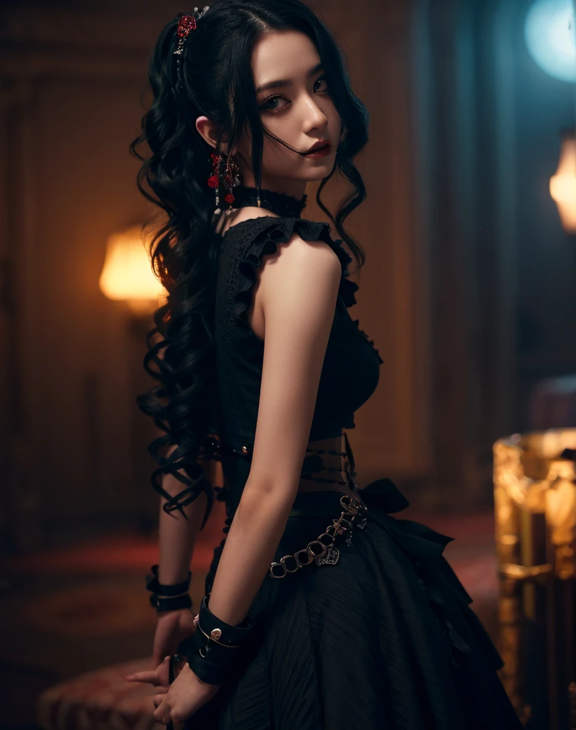 highest quality、8k、masterpiece:1.3、Gothic Punk、The inside color is red、Black-haired、hair ornaments、Beautiful girl、creative、Dark Fantasy Style、Neogoth、Goth Fashion:1.2、High resolution、masterpiece、highest quality、頭w:1.3、((Hasselblad Photos))、Fine skin、Sharp focus、(Cinematic lighting)、Realistic textured hair