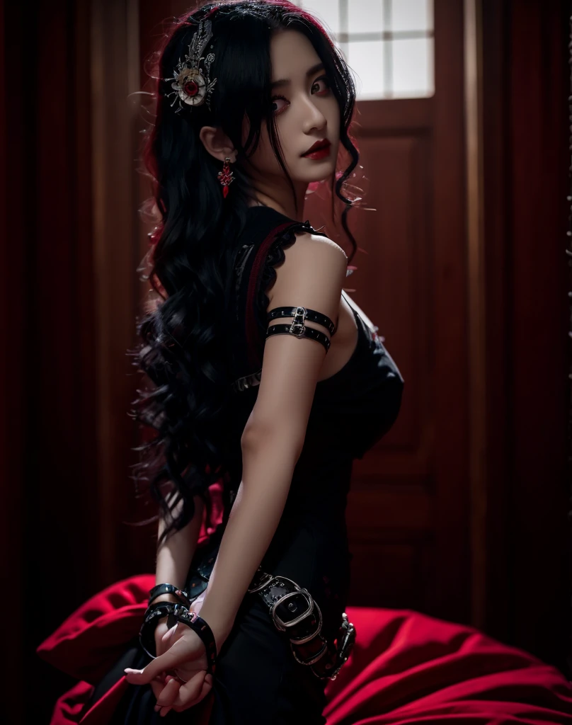 ((masterpiece)), Vampire princess, (absurdres, highres, ultra detailed),1girl, backlighting, bare shoulders, black background, black gothic dress, blue hair, chubby, wearing glasses, blood, cowboy shot, dress, ornate ancient earrings, expressionless, roses, light particles, long hair, looking at viewer, off-shoulder gothic ancient boned design dress, rose petals,