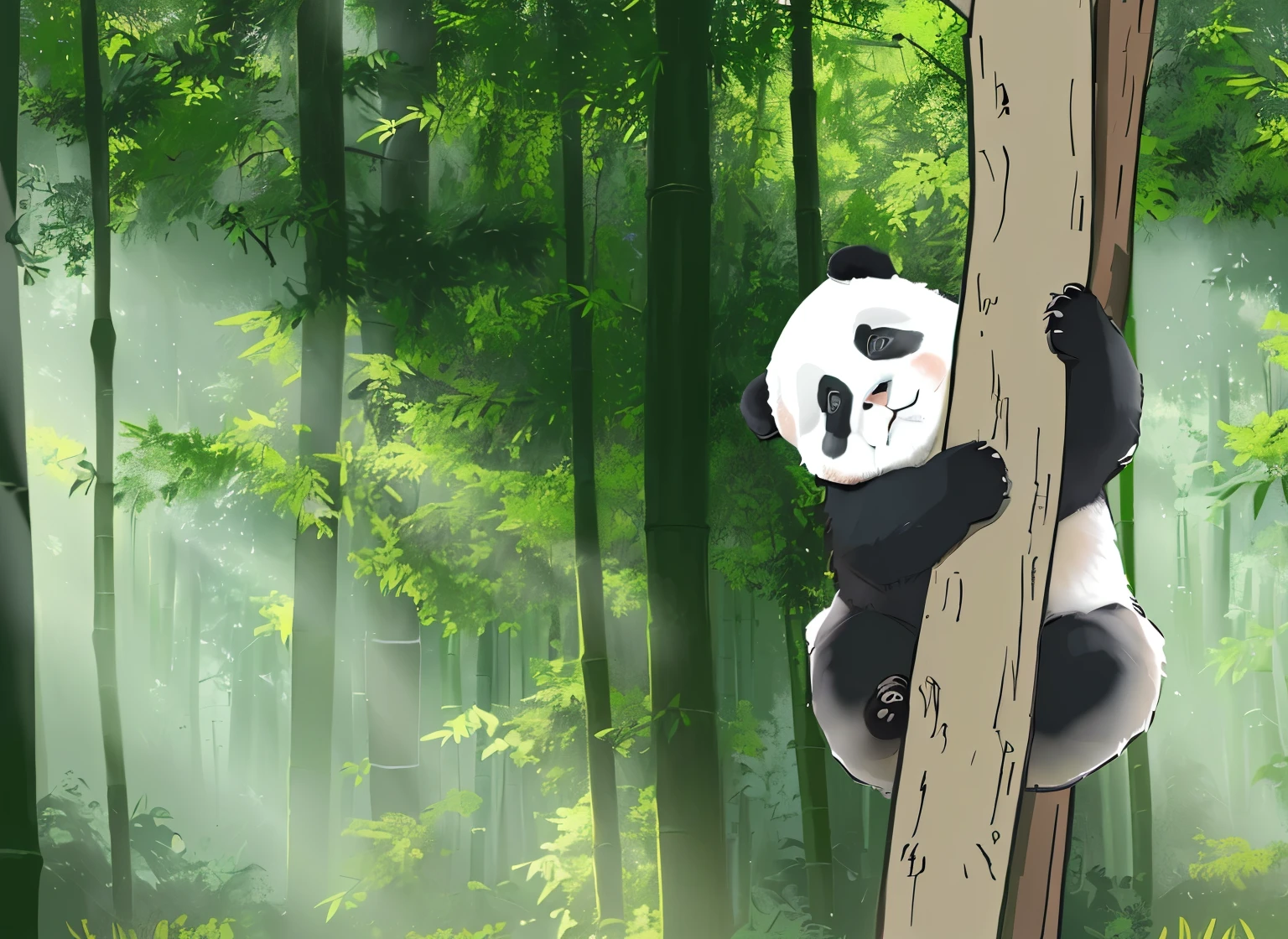 panda bear climbing a tree in a forest with sunbeams, in a bamboo forest, deep in a japanese bamboo forest, a cute giant panda, panda panda panda, cute panda, bamboo forest, Looking majestic in the forest, Inspired by Zhou Wentianchong, Quiet and lush forest, in dense forest, Enjoy a forest walk, panda