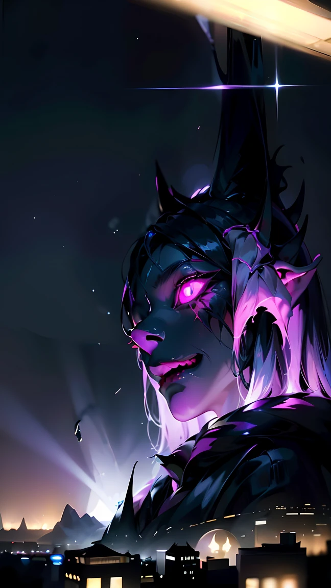 The edge of the city,A dark area,Various strange shapes、Creepy monster,Stirring in the dark,Their eyes flicker like ghost lights,As if foreshadowing the coming of disaster。
