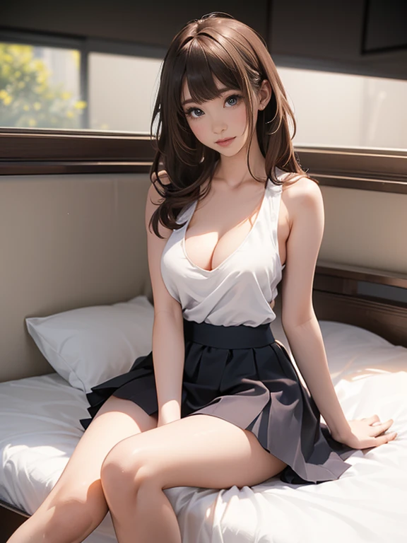(Increase contrast)、(Increase saturation)、(27 year old super beautiful girl)、(Fair skin)Beautiful woman with perfect figure、Cute Face、long hair、(White tank top、Cleavage、Round and firm breasts)((Very short mini skirt、Knee-high socks)) Brown Hair、((On the bed、sleep、、Leg spread、))、