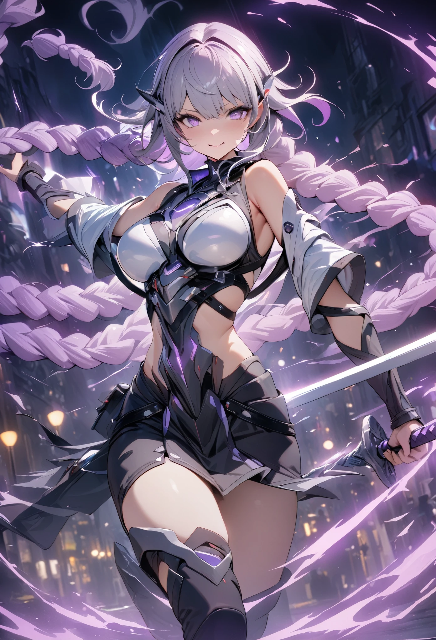 (best quality,4k,8K,High resolution,masterpiece:1.2),Extremely detailed,(Practical),light, Bokeh，Purple double twist braid ，Holding a sword, energetic, Expressive