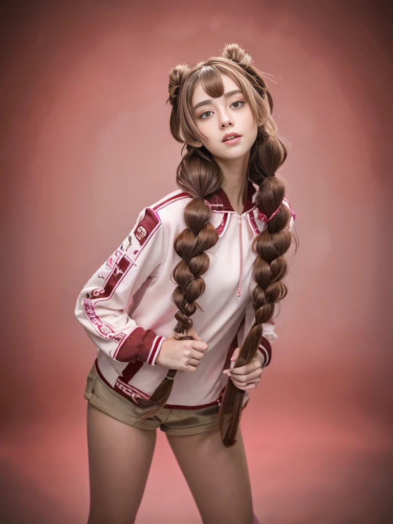 (highest quality,4K,High resolution), 18-year-old female, Brown hair with pink mesh, 長いTwin tailsヘア , Comical appearance,(highest quality,4K,High resolution), 18-year-old female, Pink highlights on brown hair, Long Hair, Twin tails,Twin tails hair,(highest quality,4K,High resolution),Beautiful Eyes ,Big eyes,Red glowing eyes,Facial expression emphasis,Delicate illustrations drawn in detail,Elaborately decorated long jacket with hood,Pink and red color scheme,Denim shorts,Realistic depiction,Vibrant colors,Performance,Classic background(highest quality,4K,High resolution), Comical appearance,(highest quality,4K,High resolution), 18-year-old female, Pink highlights on brown hair, ロングTwin tails, Beautiful woman,Beautiful Eyes ,Cute eyes,Comic Strip,And soul,Cute deformed illustrations,Full body projection,Tracking,Time to Tracking,Just chase