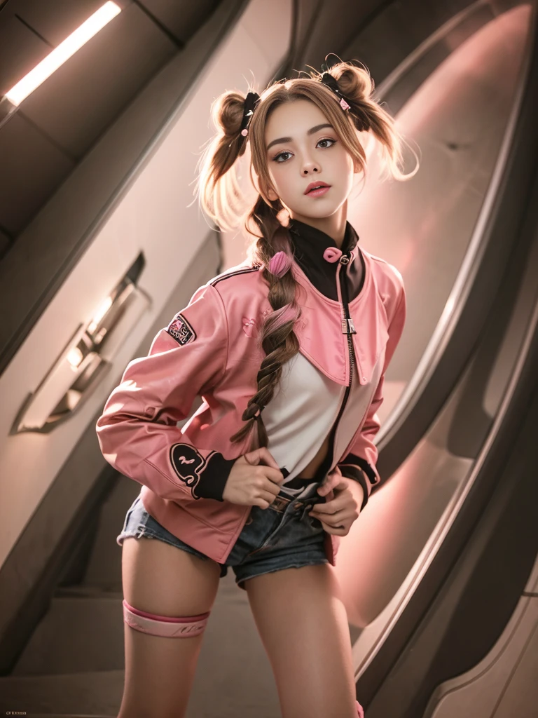 (highest quality,4K,High resolution), 18-year-old female, Brown hair with pink mesh, 長いTwin tailsヘア , Comical appearance,(highest quality,4K,High resolution), 18-year-old female, Pink highlights on brown hair, Long Hair, Twin tails,Twin tails hair,(highest quality,4K,High resolution),Beautiful Eyes ,Big eyes,Red glowing eyes,Facial expression emphasis,Delicate illustrations drawn in detail,Elaborately decorated long jacket with hood,Pink and red color scheme,Denim shorts,Realistic depiction,Vibrant colors,Performance,Classic background(highest quality,4K,High resolution), Comical appearance,(highest quality,4K,High resolution), 18-year-old female, Pink highlights on brown hair, ロングTwin tails, Beautiful woman,Beautiful Eyes ,Cute eyes,Comic Strip,And soul,Cute deformed illustrations,Full body projection,Tracking,Time to Tracking,Just chase