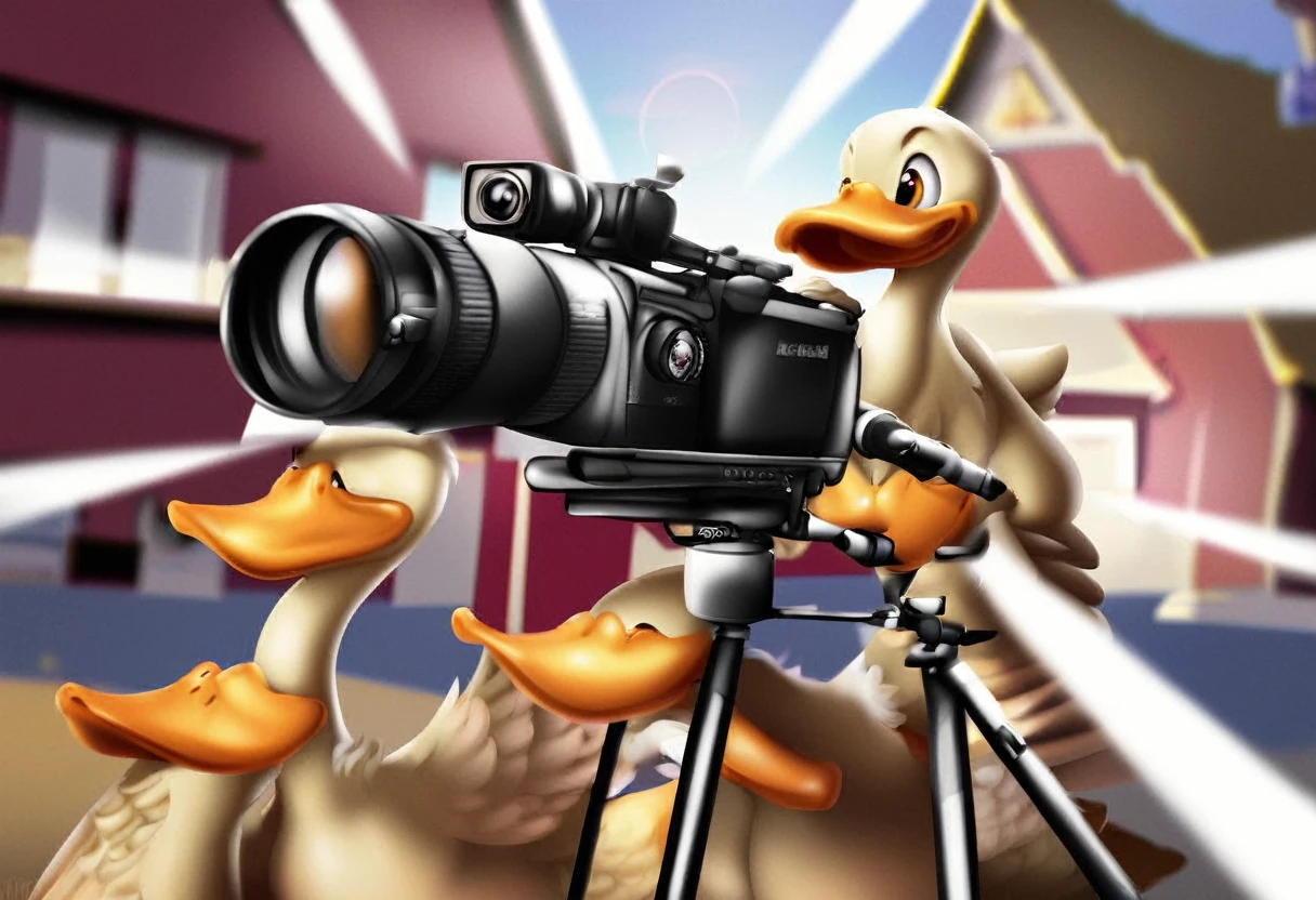 anthropomorphic goose, camera on tripod, long telephoto lens, camera pointing at a house, goose looking through camera, goose taking photograph, winged hand on camera shutter, wing-arms