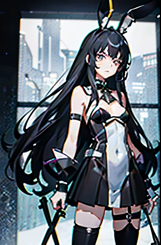 Makoto Shinkai styled, beautiful intricate triadic colour long hair, duo tone colours, sliver crown, rich in details, surrealism, luminism, masterpiece, three dimensional effect, 3d render, octane render, {{mix of bold dark lines and loose lines}}, front view, Isometric, awesome full color, {{ultra detailed face}}, {{rule of third}}, 8k resolution,neon lighting, Black long hair girl with black bunny ears and black bunny tail wearing black bunny girl outfit havy black eyes and another one is white long hair girl with white bunny ears and white bunny tail wearing white bunny girl outfit have light grey eyes