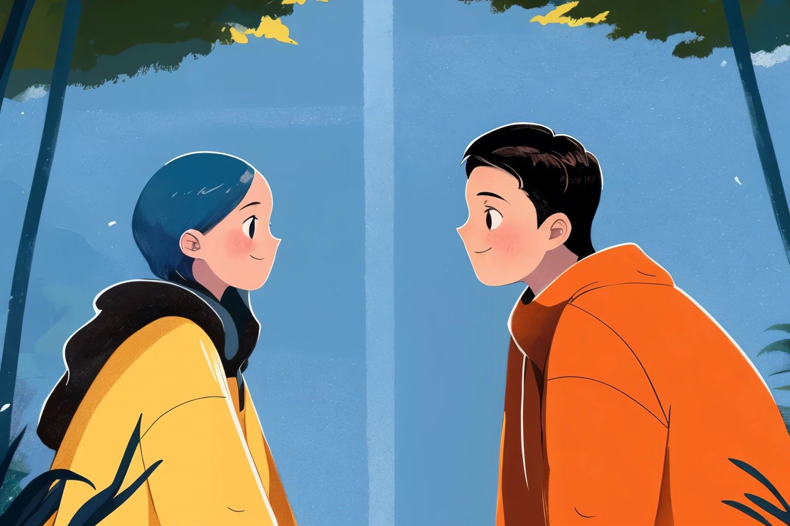 A girl with a detailed face is on the left and a boy with a detailed face is on the right.,vista lateral,obra maestra, mejor calidad,a summer day,,camino,en verano,hermoso rostro,On the left the girl wears a and has short black hair with bangs,On the right the boy also wears a uniform and has short hair