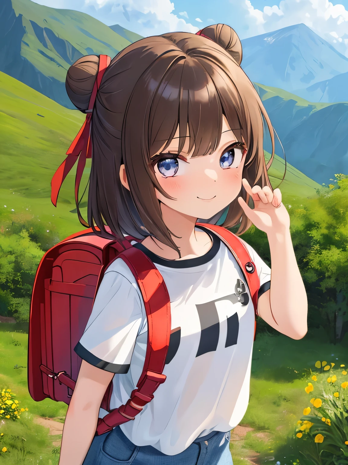 Masterpiece, 2d, Naturescape photography; mountain climbing; (1girl:1.3), (slender body), (Wearing a white T-shirt loose, Wearing a gingham check shirt, Black nylon fabric shorts), (Bun hair), (dark-brown hair), (asian girl, 18 years old, ultra delicate face, ultra Beautiful fece, ultra delicate eyes, ultra detailed nose, ultra detailed mouth, ultra detailed facial features), (face is shiny:0.8), light smile, Carrying a backpack, red backpack
