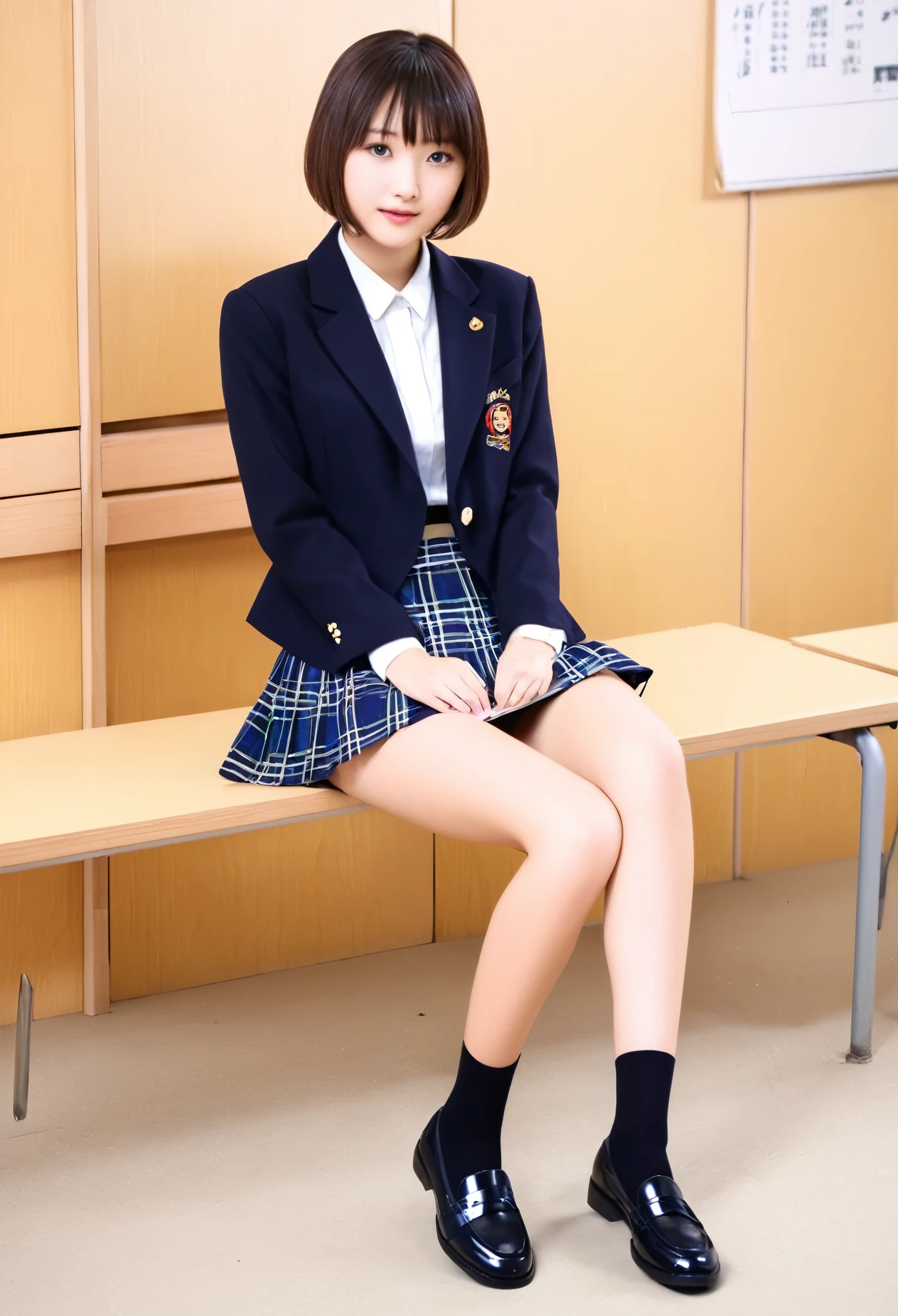 high school girl、Japanese、classroom、sit、Thighs、Short Hair、blazer、skirt、loafers