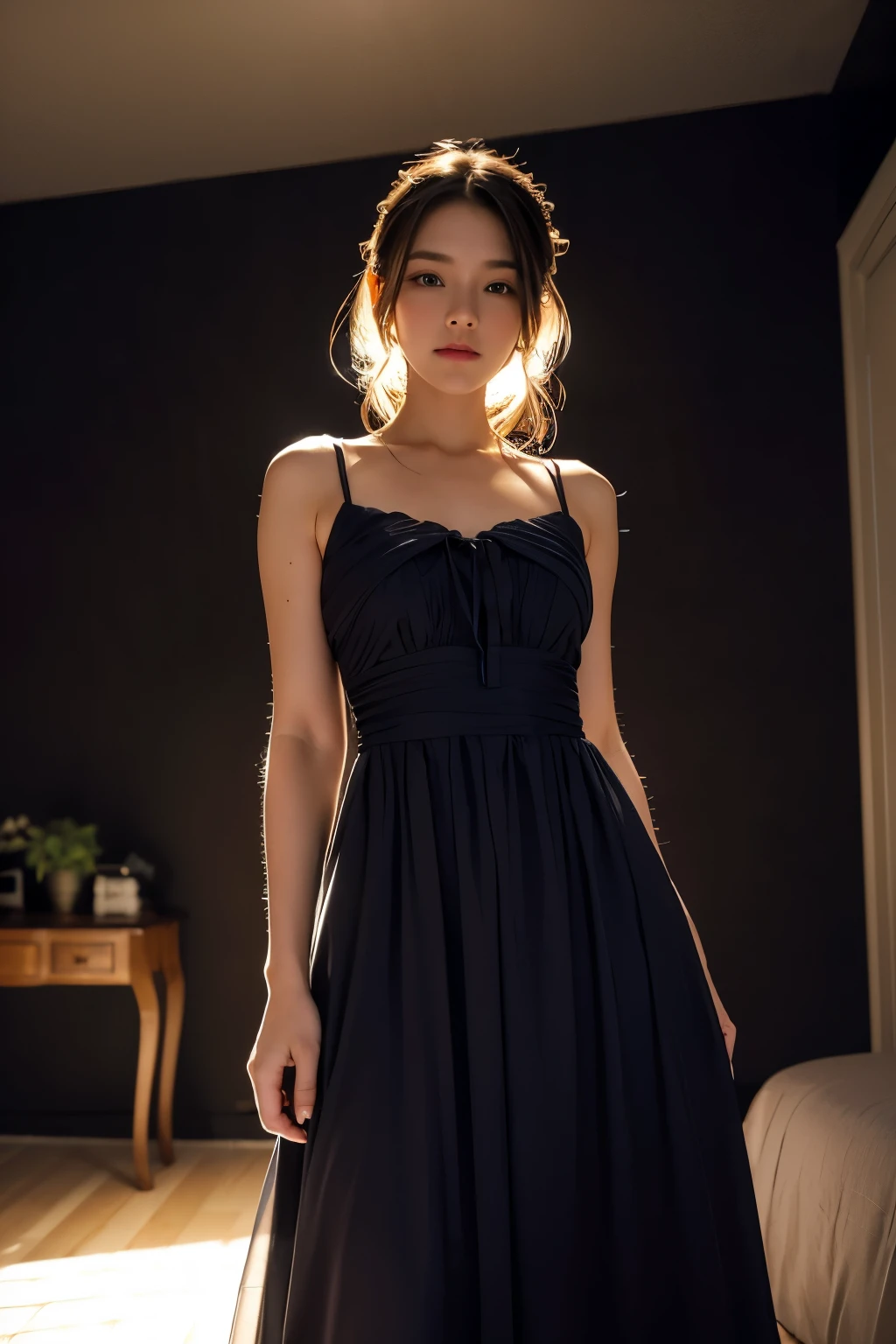 Beautiful woman wearing a dress in a dark, narrow room, Background with colorful lights reflecting, model pose,