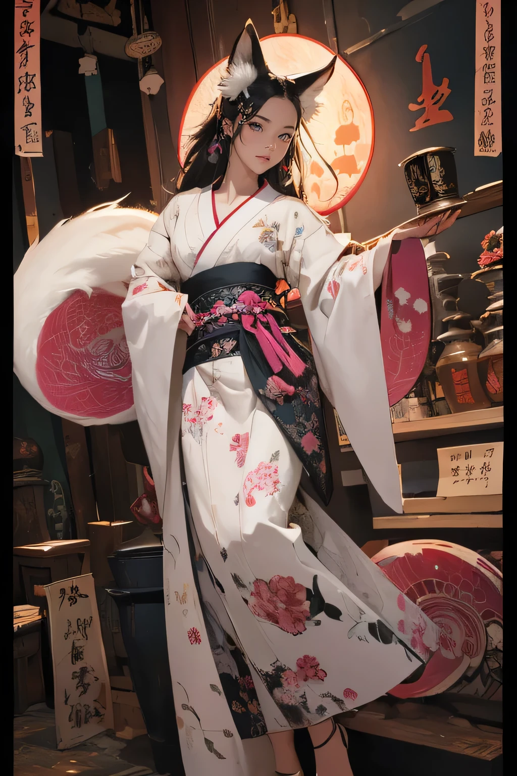 Masterpiece, Best Quality, ((head, hands and feet in frame)),( full body picture),1girl,fit,athletic, picture of a stunning beautiful beeing from japanese folklore kitsune, a mystic woman with beautiful defined body unnatural long black hair, white fox ears, nine white fox tails, a beautiful magenta kimono robe(multilayered) shoulders and one leg shown,with beautiful patterns and flower prints, dancing in moonlight (full moon and clouds) the whole scenery is very dark and a bit of scary but also awe inspiring. asia paper lanterns, (ultra detailed), (most absurd), (highres), (official art:1.4), (illustration:1.4), (clear image:1.2),(delicate illustration: 1.2), 8k ,(detailed face:1.3), (highlights in eyes:1.3), (detailed fur:1.3), (detailed skin:1.3), , perfect drawing lines. graphic asia background, very detailed, comicbook style,1 line drawing,makeup,