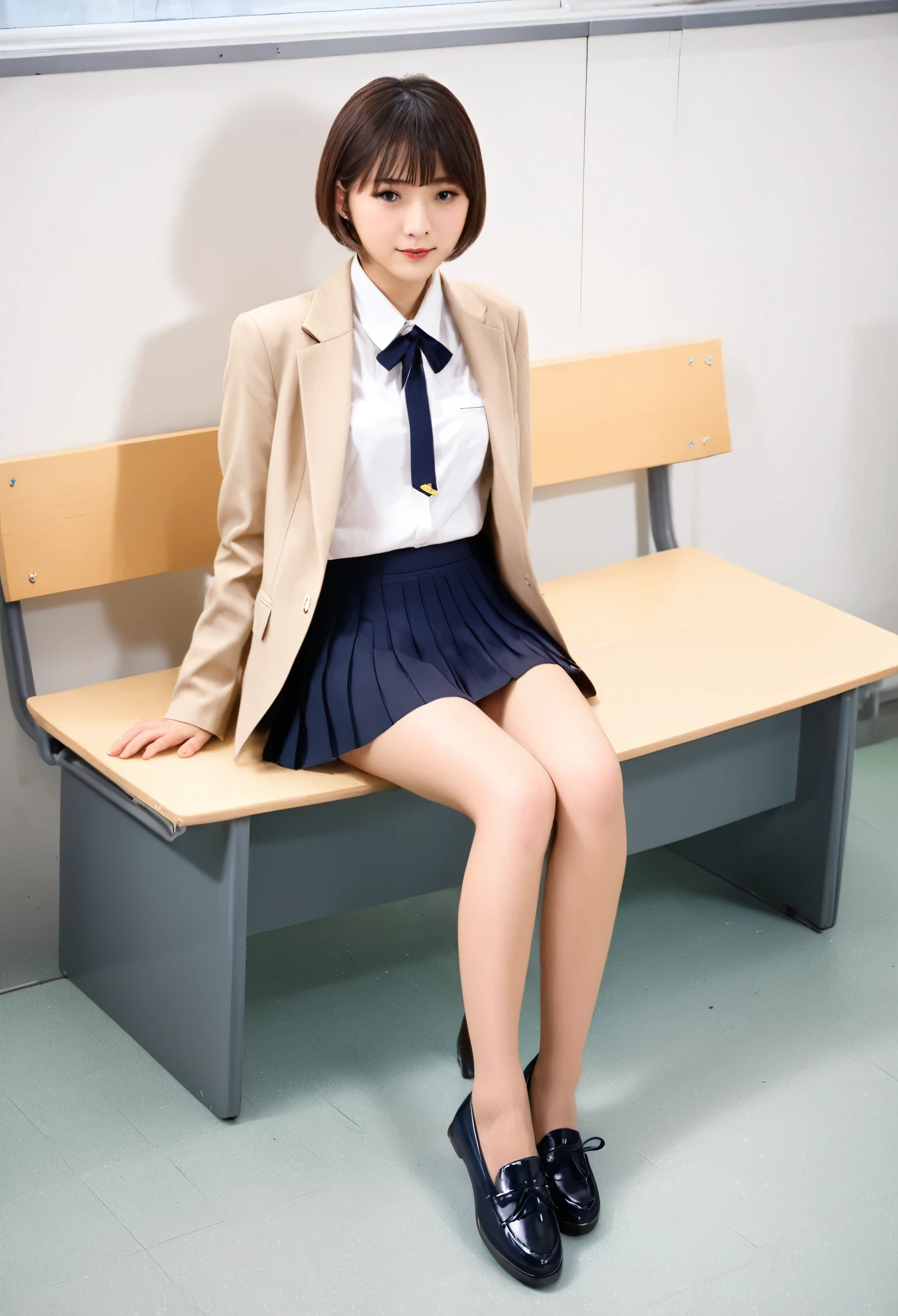 high school girl、Japanese、classroom、sit、Thighs、Short Hair、blazer、skirt、loafers