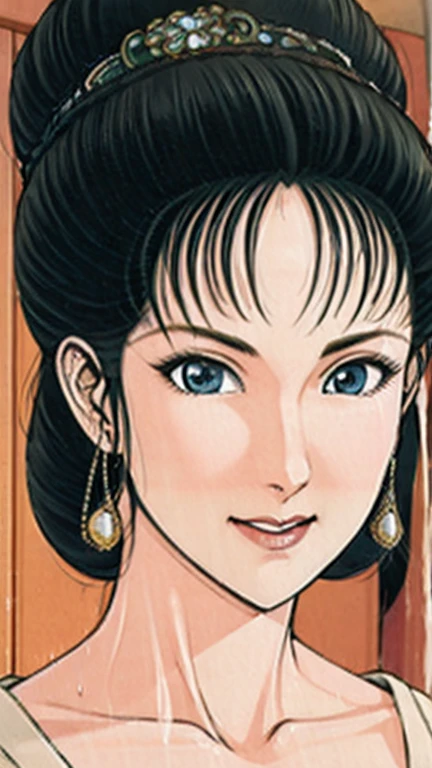 (best quality), (very aesthetic), (ultra-detailed), (best illustration),a mature female,Perfect Face,Suikoden,Mrs. Lin,(full_body),big breast,red cheek,Large drops of sweat are pouring from the whole body,skinny,chinese traditional bath room,Taking a bath
