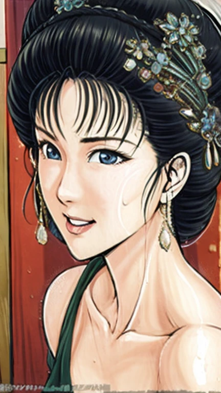 (best quality), (very aesthetic), (ultra-detailed), (best illustration),a mature female,Perfect Face,Suikoden,Mrs. Lin,(full_body),big breast,red cheek,Large drops of sweat are pouring from the whole body,skinny,chinese traditional bath room,Taking a bath