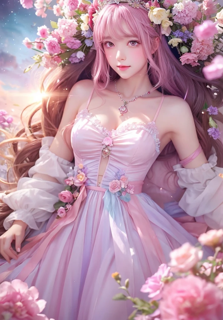 A mesmerizing photorealistic anime style of a woman wearing a crown surrounded by stunning colorful pastel toned flowers. The crown is adorned with delicate pastel flowers and fluffy clouds., Creates a magical and enchanting atmosphere. She has straight, long, pastel dark pink hair and soft, attractive features.、Mysterious and attractive girl. Her big, captivating eyes、A deep pink with subtle gradations that exudes joy and confidence.。. background, The quiet sky blends into a fantastical world. A harmonious combination of dreamy elements and the mystical forces of nature.、It invites the viewer on a fascinating journey of imagination and inspiration.。. , anime, photograph