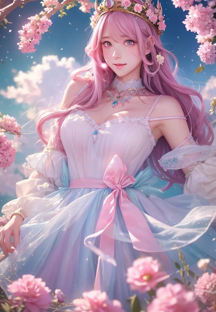 A mesmerizing photorealistic anime style of a woman wearing a crown surrounded by stunning colorful pastel toned flowers. The crown is adorned with delicate pastel flowers and fluffy clouds., Creates a magical and enchanting atmosphere. She has straight, long, pastel dark pink hair and soft, attractive features.、Mysterious and attractive girl. Her big, captivating eyes、A deep pink with subtle gradations that exudes joy and confidence.。. background, The quiet sky blends into a fantastical world. A harmonious combination of dreamy elements and the mystical forces of nature.、It invites the viewer on a fascinating journey of imagination and inspiration.。. , anime, photograph