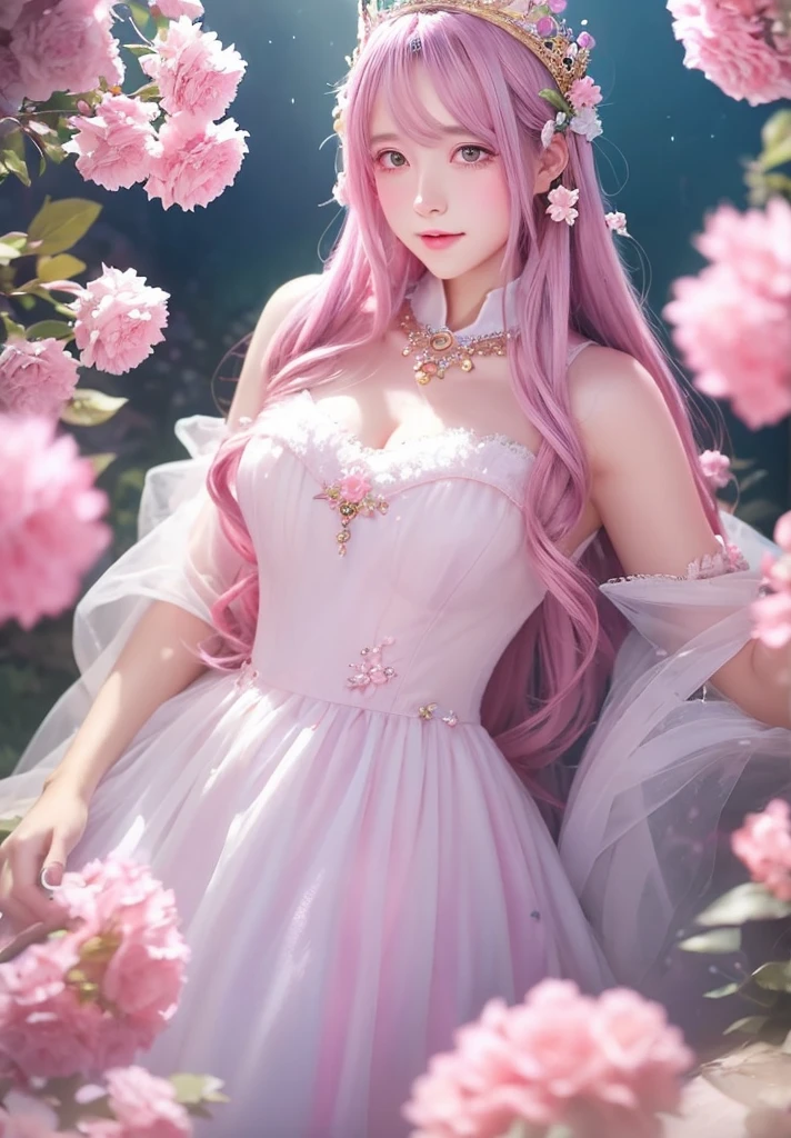 A mesmerizing photorealistic anime style of a woman wearing a crown surrounded by stunning colorful pastel toned flowers. The crown is adorned with delicate pastel flowers and fluffy clouds., Creates a magical and enchanting atmosphere. She has straight, long, pastel dark pink hair and soft, attractive features.、Mysterious and attractive girl. Her big, captivating eyes、A deep pink with subtle gradations that exudes joy and confidence.。. background, The quiet sky blends into a fantastical world. A harmonious combination of dreamy elements and the mystical forces of nature.、It invites the viewer on a fascinating journey of imagination and inspiration.。. , anime, photograph