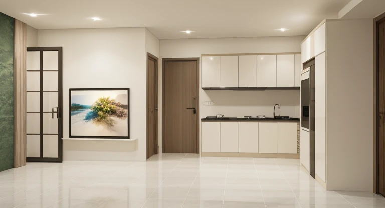 morden design interior,Super sharp like photos taken with a professional camera, (Masterpiece,best quality,8k uhd,dslr,soft lighting,high quality,hyper detail,film grain,Fujifilm XT3, UE 5 render 8k, super high resolution, supper detail:1.2), color block wall decor, (Cream color block wall decor:1.5), glossy floor, (((volumetric light:1.2))), light tones,