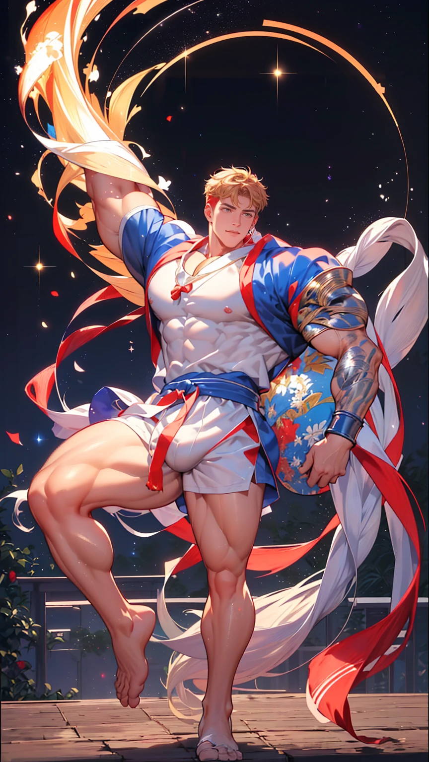 (RYU FROM STREET FIGHTER IN WHITE KARATE COSTUME) (1man,solo,male) (FULL BODY POSE) ((GIGACHAD GIANT MUSCULAR BODY)) ((BIG BULGE, BIG ASS, BIG THIGH, SEXY POSE)) ((WEAR FUNDOSHI)) (RED AND BLUE COSTUME WITH ACCESORIES BLACK SHORT PANTS) ((WHITE SKIN)) ((BLONDE HAIR)) | (SPACE STYLE COSTUME) FLOATING IN THE SPACE WITH STARS (SPARKLE) BACKGROUND IS (BLUE SKY AZURE HORIZON) | big CHEST, FULL BODY, large ASS, open legs, show BULGE, smile, portrait knights of zodiac, extremely detailed ((pixiv arts)), high detailed official artwork, [ tarot card ]!!!!!, detailed key anime art, knights of zodiac anime, beautiful celestial mage, firefly from honkai star rails, full body | (dynamic angle:1.1), outline, ((thick lineart)), cover, stylish, official art, (details:1.2), (fantasy), garden, (bloom:1.1), glow:0.2, shadow, nature, flower, splash water, crystal, snowflakes, particles, bokeh, anamorphic light (depth of field), sharp focus, (volumetric lighting), (bokeh:0.6), film grain:0.4, (soft lighting:1.1) | high-quality, ultra-detailed illustrations, ultra-high resolution, (high resolution,overwhelmingly pixel-perfect,luxurious illustration), (Ultra Quality, Masterpiece, Ethereal:1.4) photorealistic:.1.4, UHD (8k, RAW photo, best quality, masterpiece:1.2)
