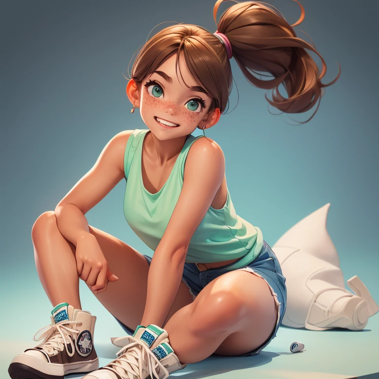 Girl in short shorts and tank top sitting waving and smiling girl with a ponytail, freckles, green eyes and brown hair Very feminine face With converse sneakers grande busto playera ajustada realistic apariencia proporciones realistas