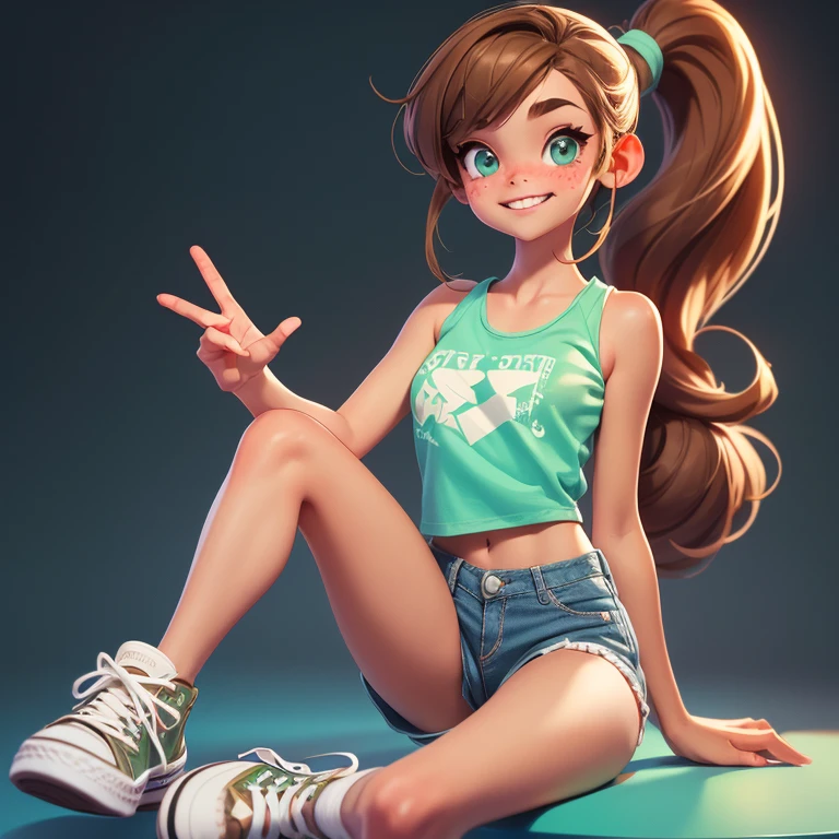 Girl in short shorts and tank top sitting waving and smiling girl with a ponytail, freckles, green eyes and brown hair Very feminine face With converse sneakers grande busto playera ajustada realistic apariencia proporciones realistas
