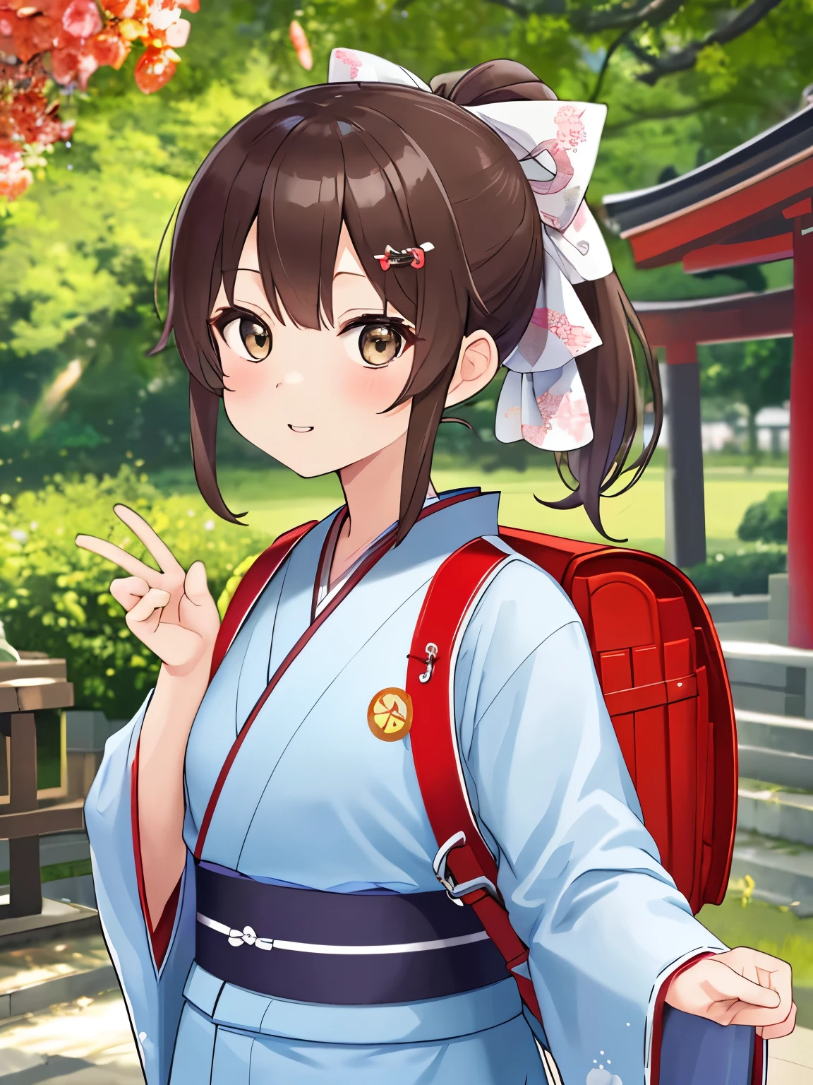 Masterpiecd, hd, , Portrait, Best Quality, High resolution, 1girl, brown hair, ponytail, hair ornaments, hair ribbon, carrying a school backpack、(school backpack:1.1), Wearing a Japanese kimono at a summer festival at a shrine, (kimono:1.1), outdoor, standing