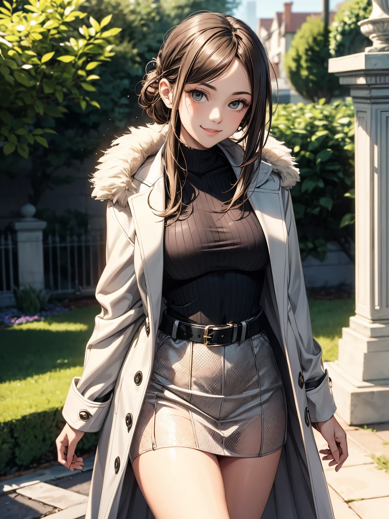 A high quality photo of a young woman wearing an ivory long coat with a fishnet bodysuit, a belted brown mini skirt with updo outdoors smirk, sultry look, seductive