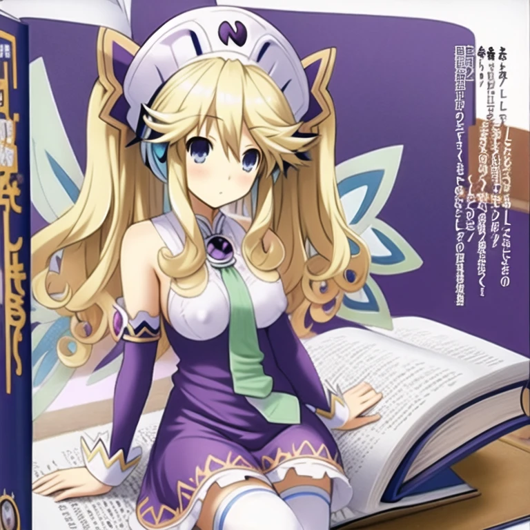 (extremely detailed:1.1),(highly detailed:1.1),(best quality:1.1),(masterpiece:1.1),  HistoireNeptunia, long hair, blue eyes, blonde hair, hair ornament, wings, fairy wings, bare shoulders, twintails,  book, white thighhighs, hat, necktie, purple dress, book, large breasts, nipples