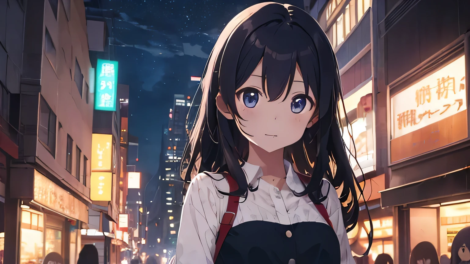 City Street。stroll。anime。Cute older sister。night。Blue Moment。Beautiful light blue night sky。anime style。Gentle lines。Upper Body。front。looking at the camera。Show a wonderful view (highest quality, High resolution, Realistic), Vivid colors, Professional Lighting.