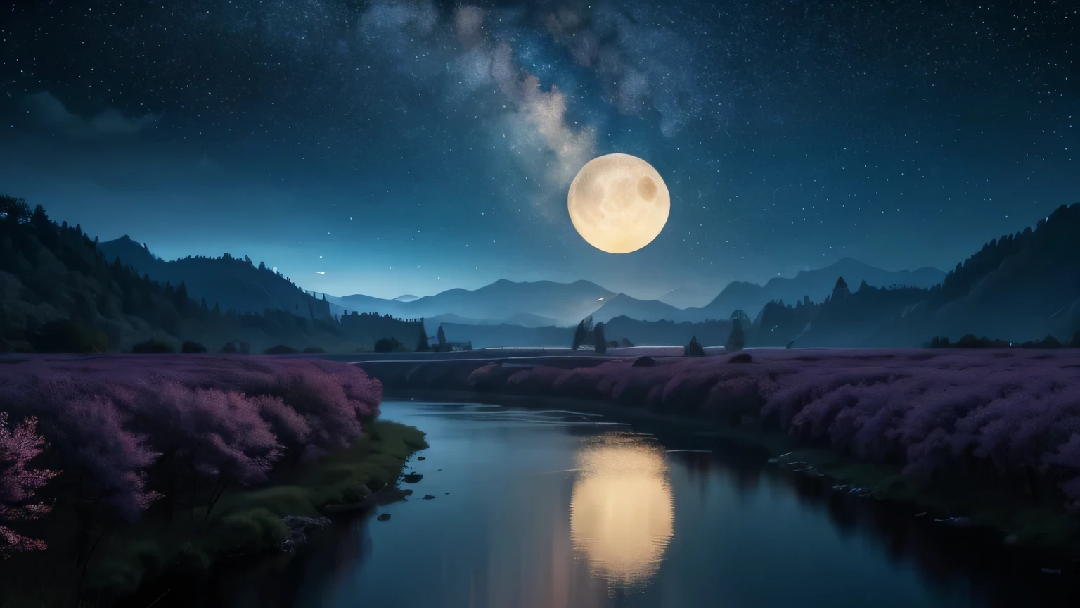 Painting of a river with stars and moon floating in the sky, Concept art inspired by Mitsuoki Tosa, pixiv Contest Winner, highest quality, Fantasy art, Beautiful anime scene, Bright Moon, Moonlight and Starry Sky Environment, Dream painting, Anime Background Art, Fantasy Landscape Painting, Fantasy Night, Anime Background, Background artwork, Amazing art, Atmospheric anime, Starry Sky, Detail enhancements.
