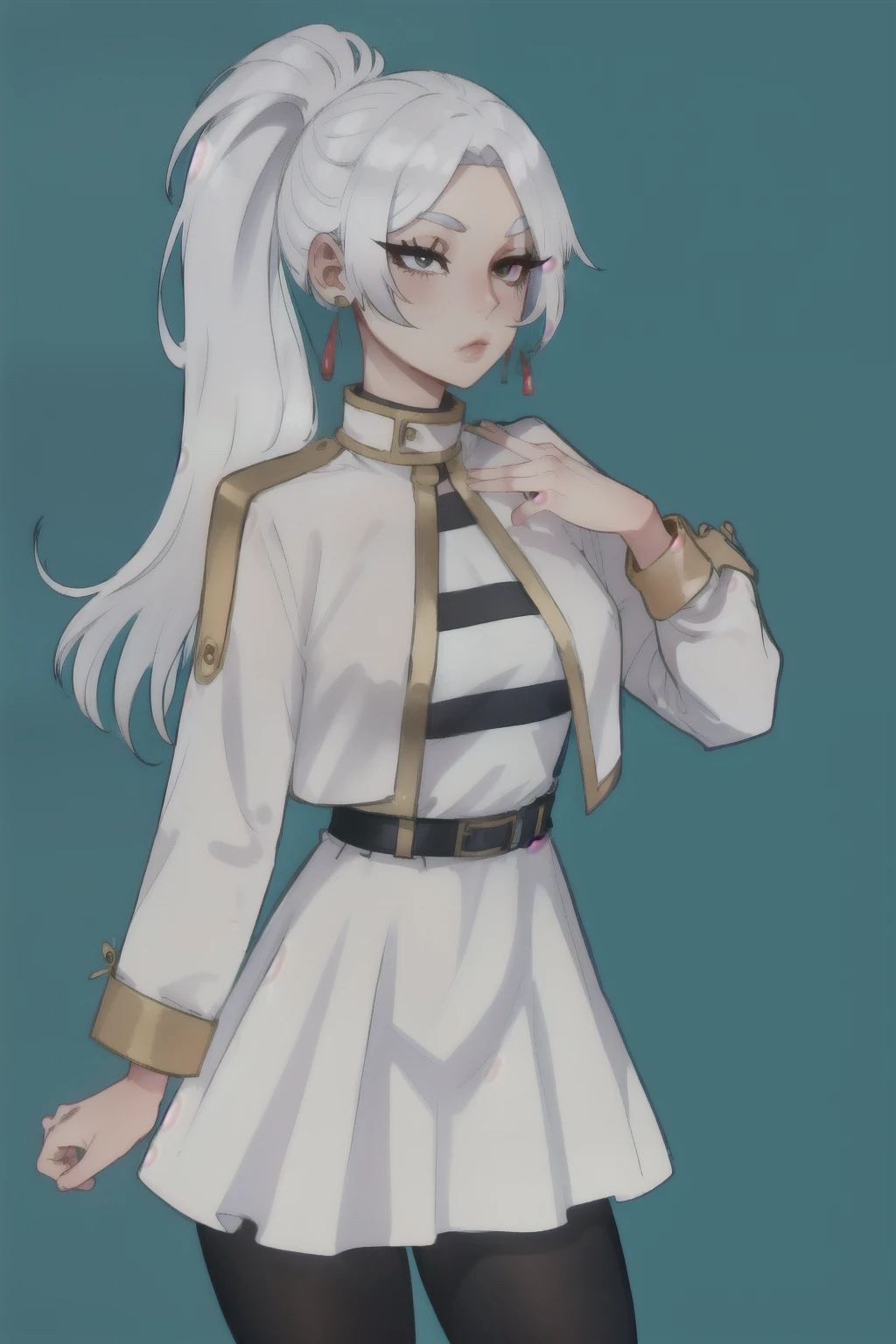 (masterpiece, Best quality),  complex parts,
1 Girl,     to freeze, long hair, Pointed ears, JEWELRY, earrings, ponytail, long sleeves, lure, white lure, dress, split bangs, white dress, belt, tights