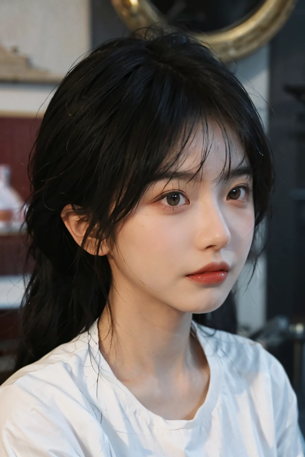 Temperament girl, delicate facial features, bangs, brown ponytail, messy hair, hair is very realistic, wearing a white shirt with short sleeves, the background is the sky, sea view, Du Qiong, exquisite makeup, light red lips, big eyes, double eyelids, black holes, bright eyes, symmetrical face, face is very real, meticulously portrayed the girl's face, blush, super high appearance, looking at the audience, very realistic skin, skin oil reflection, artwork, clothes with real fabric texture, realistic painting, film style, Photography level, ray tracing, realistic light and shadow effects, realism, masterpiece, just like the top photography effect, 8K