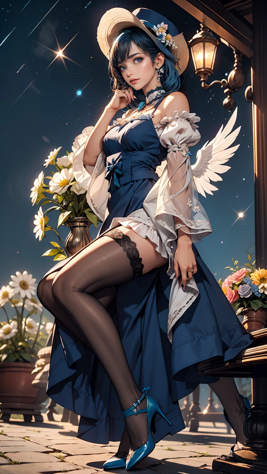 uekura, One girl, Shiny blue hair, Starry background、Have, dress, Blue footwear, wing, Simple Background, sign, flower, Manicure, Wide sleeves, Long sleeve, blush, animal, white flower, alone, whole body, bird, View Viewer, High heels, Put your hand on your cheek, put your hand on your face, Frills, bow, bangs, ribbon, Bell, Blue hat, +_+, shoes下, Long straight hair, Grey Eyes, shoes, Blue Claws, feathered wing, blue bow