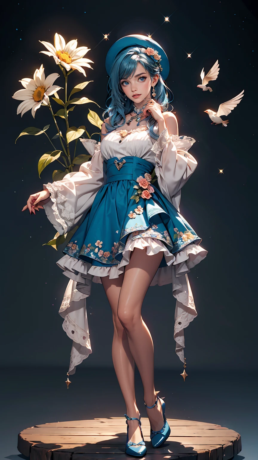 uekura, One girl, Shiny blue hair, Starry background、Have, dress, Blue footwear, wing, Simple Background, sign, flower, Manicure, Wide sleeves, Long sleeve, blush, animal, white flower, alone, whole body, bird, View Viewer, High heels, Put your hand on your cheek, put your hand on your face, Frills, bow, bangs, ribbon, Bell, Blue hat, +_+, shoes下, Long straight hair, Grey Eyes, shoes, Blue Claws, feathered wing, blue bow