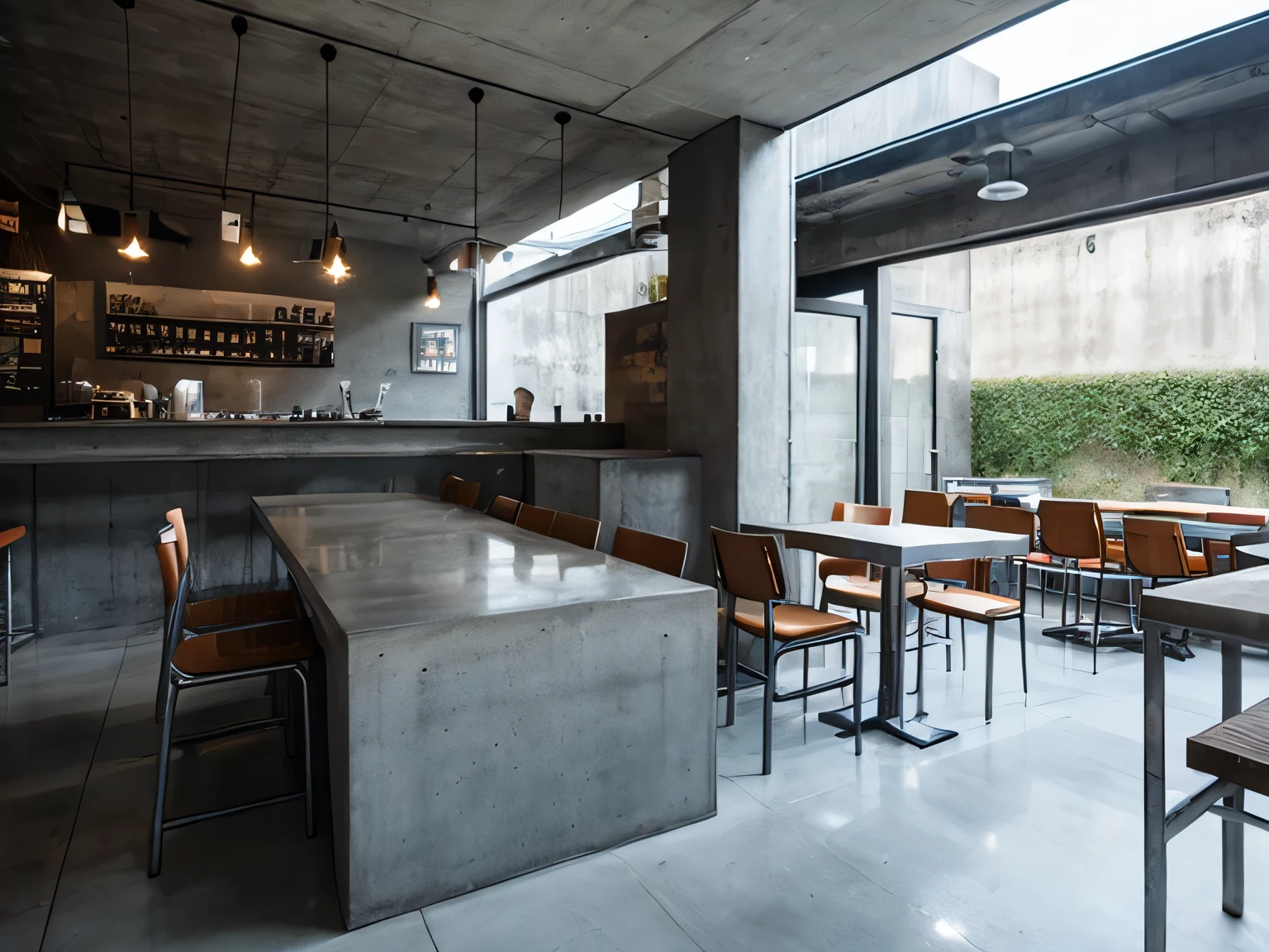 A cafe made of raw concrete, monochrome furniture, stainless steel counters, and pipe chairs.