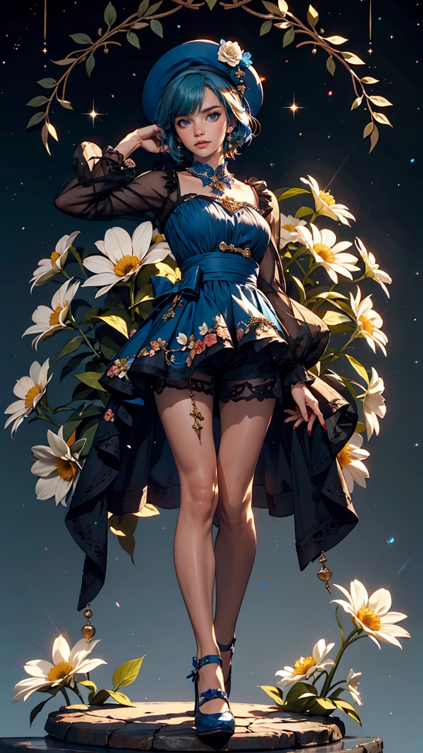 uekura, One girl, Shiny blue hair, Starry background、Have, dress, Blue footwear, wing, Simple Background, sign, flower, Manicure, Wide sleeves, Long sleeve, blush, animal, white flower, alone, whole body, bird, View Viewer, High heels, Put your hand on your cheek, put your hand on your face, Frills, bow, bangs, ribbon, Bell, Blue hat, +_+, shoes下, Long straight hair, Grey Eyes, shoes, Blue Claws, feathered wing, blue bow