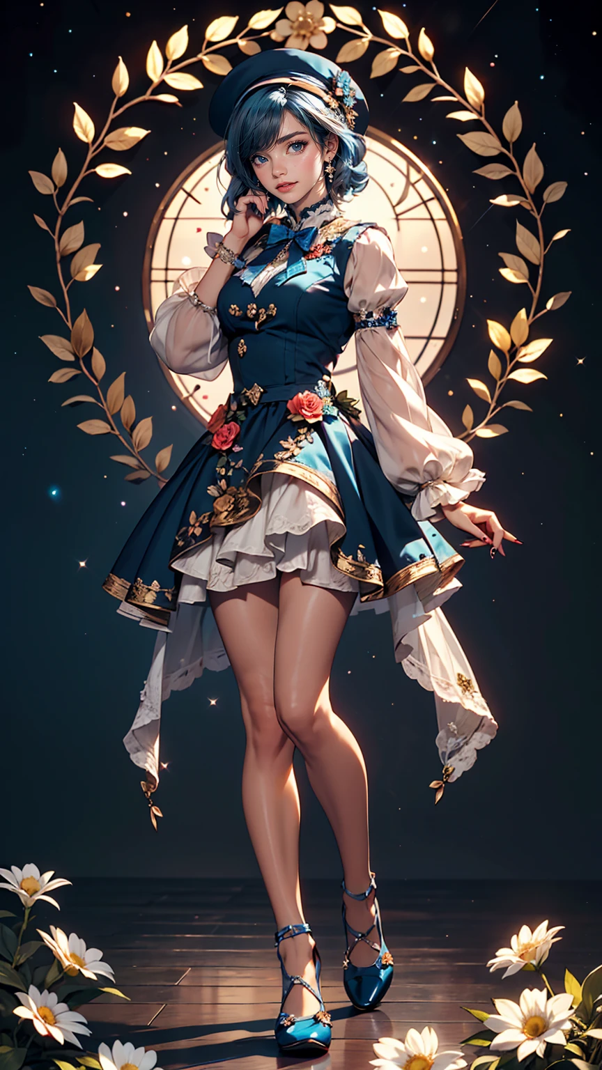 uekura, One girl, Shiny blue hair, Starry background、Have, dress, Blue footwear, wing, Simple Background, sign, flower, Manicure, Wide sleeves, Long sleeve, blush, animal, white flower, alone, whole body, bird, View Viewer, High heels, Put your hand on your cheek, put your hand on your face, Frills, bow, bangs, ribbon, Bell, Blue hat, +_+, shoes下, Long straight hair, Grey Eyes, shoes, Blue Claws, feathered wing, blue bow